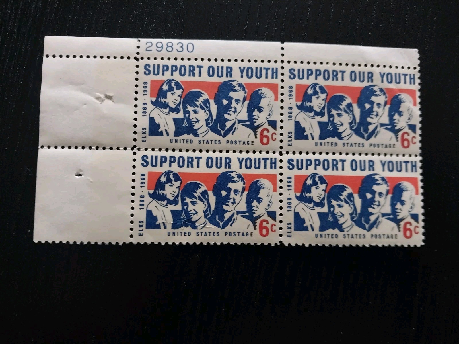 Block Of Stamps Support Our Youth Elks 1868 1968 6 Cents Us Postage Unused