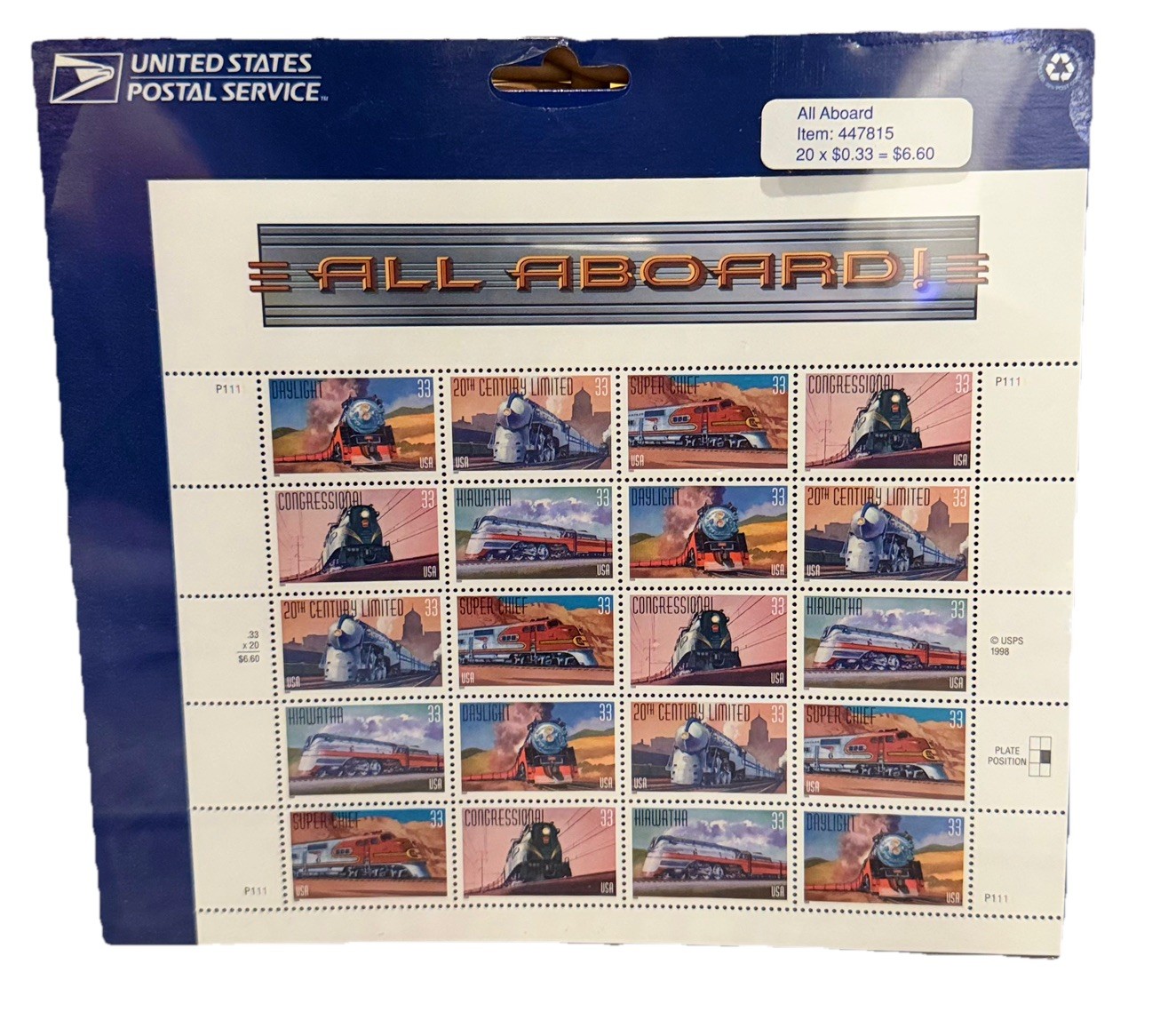 United States 33¢ All Aboard Railroad Train Postage Stamp #3333 MNH Full Sheet