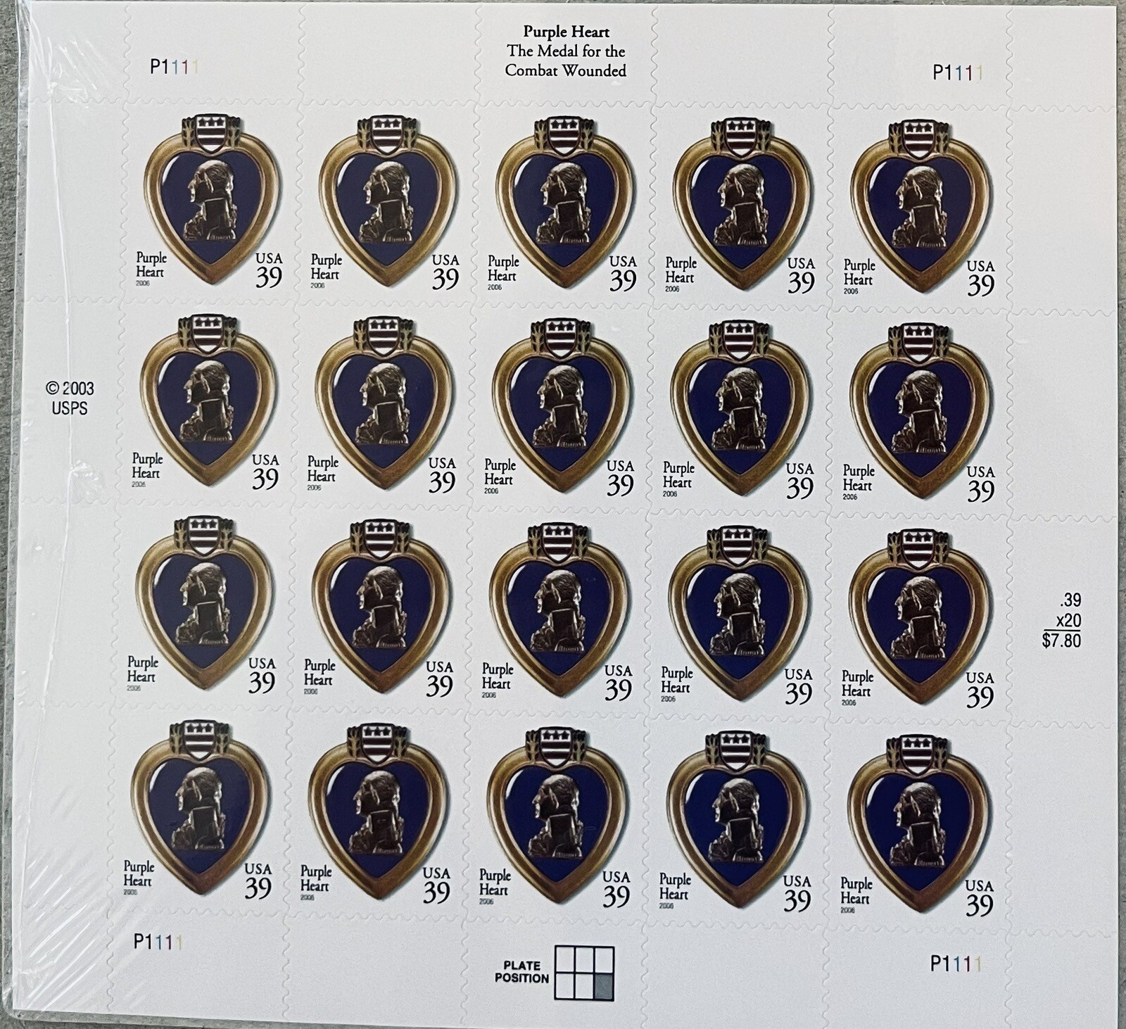 US SCOTT 4032 SHEET PANE OF 20 PURPLE HEART STAMPS 39 CENT FACE MNH FAST SHIP