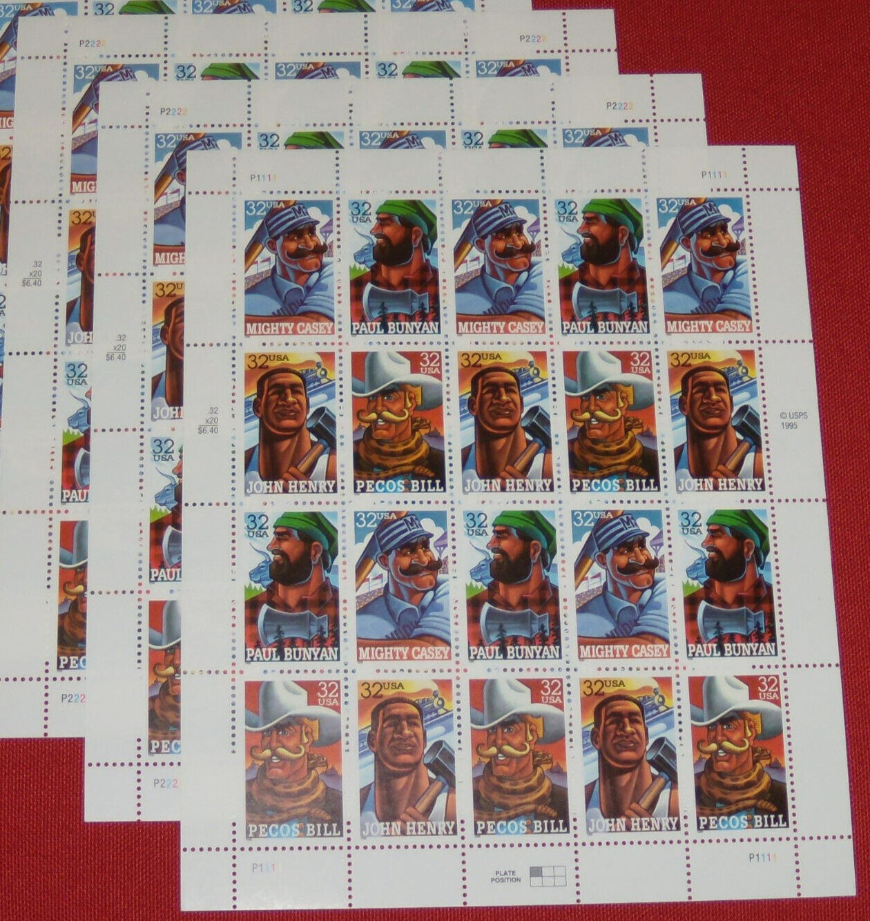 Three Sheets x 20 = 80 of FOLK HEROES 32¢ US Postage Stamps. USA Sc # 3083-3086