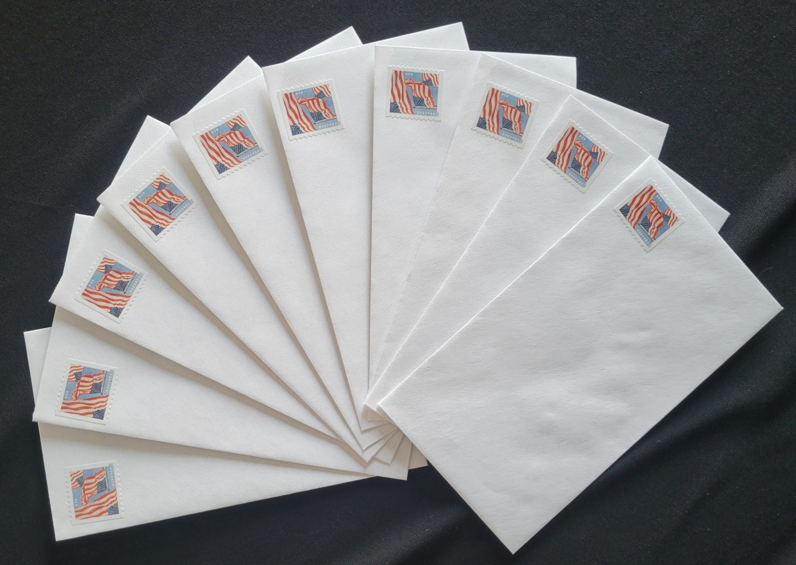 Lot of 10 Stamped Envelopes #6¾ (3⅝ x 6½) White Tinted Gummed Forever Flag #5657
