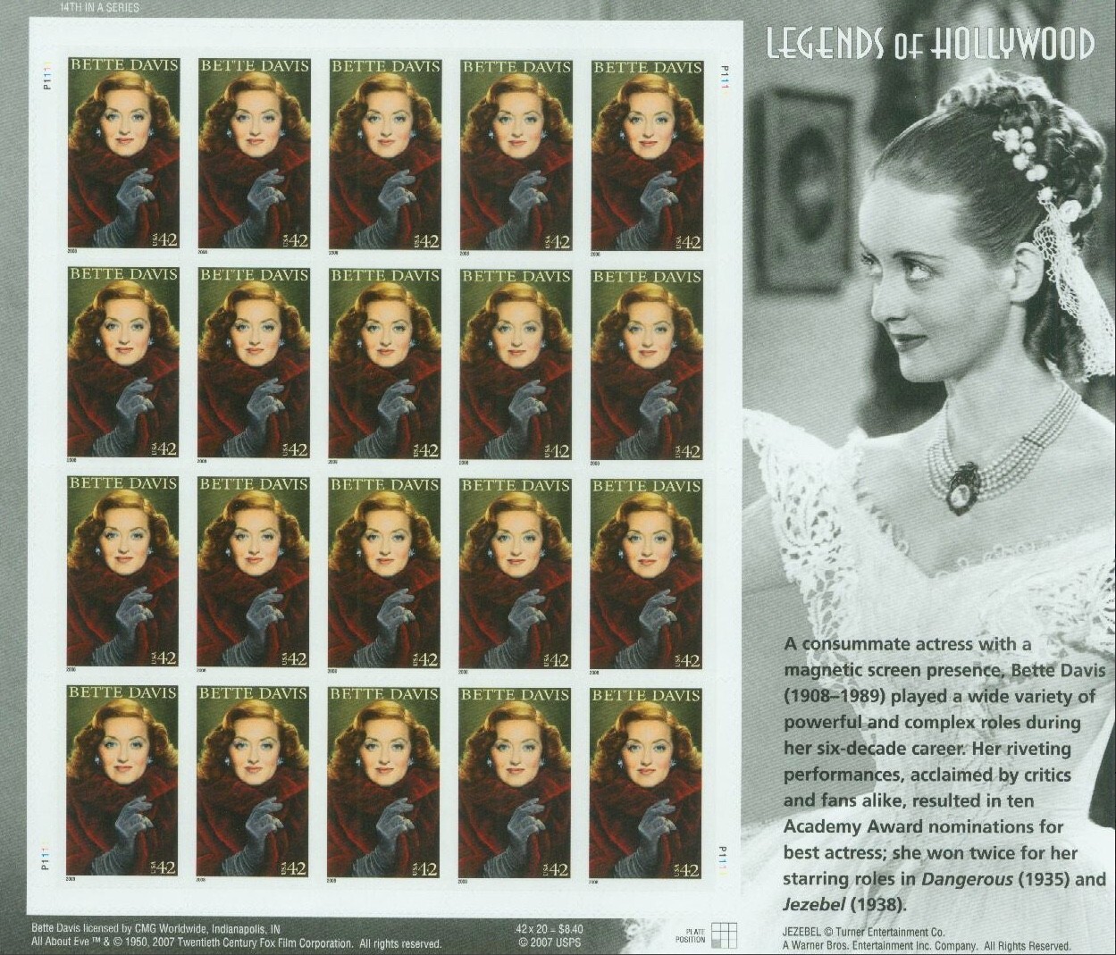 United States 42¢ Bette Davis Legends of Hollywood Postage Stamp #4350 MNH Sheet