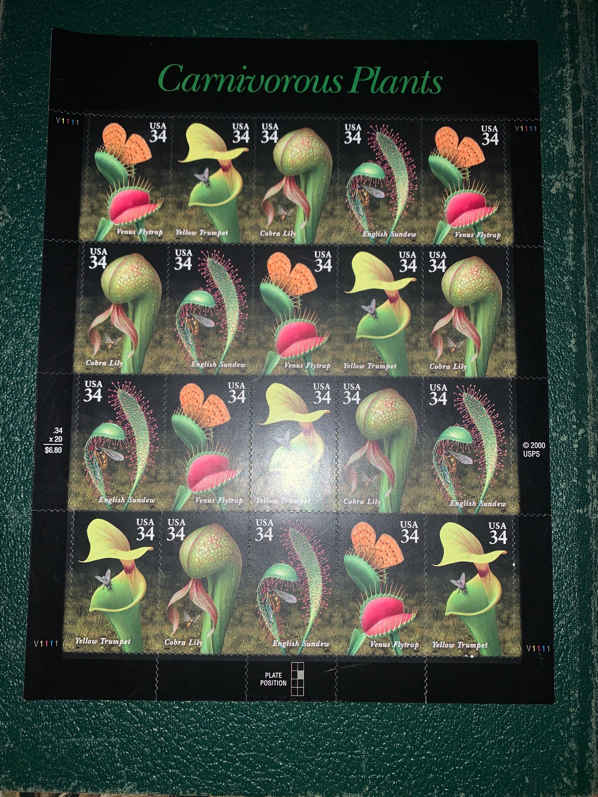 Carnivorous Plants Full Pane 34 Cent US Stamps – Sheet of 20 (Scott 3528-31)