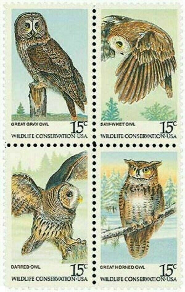 OWLS-FOUR VIEWS-Block of 4 Collectible Unused 1978 Stamps–FREE SHIPPING