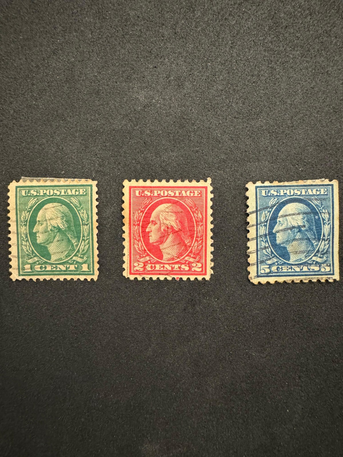 Lot of 3 Old US Stamps – 1 Cent Green, 2 Cent Red, 5 Cent Rare Blue – Washington