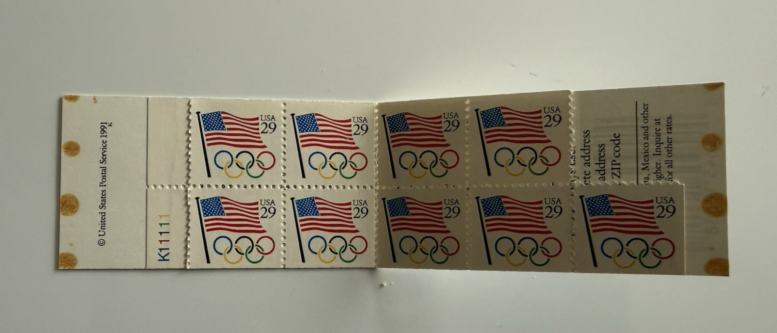 Booklet USPS Postage Stamps~USA Flag Olympics~29c~Strip of 9 (1991)~missing 1 PC