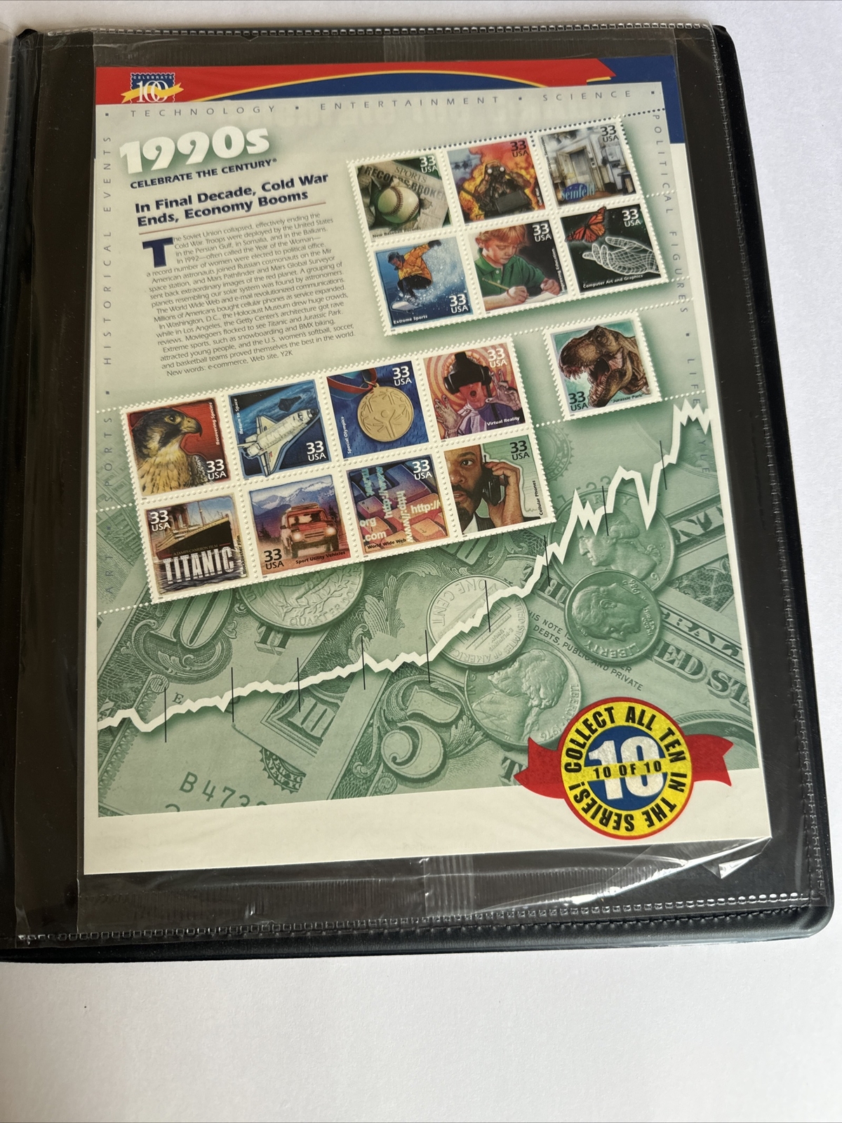 Celebrate the Century USPS Stamps 1900s-1990s In Binder USPS 10 Page Set