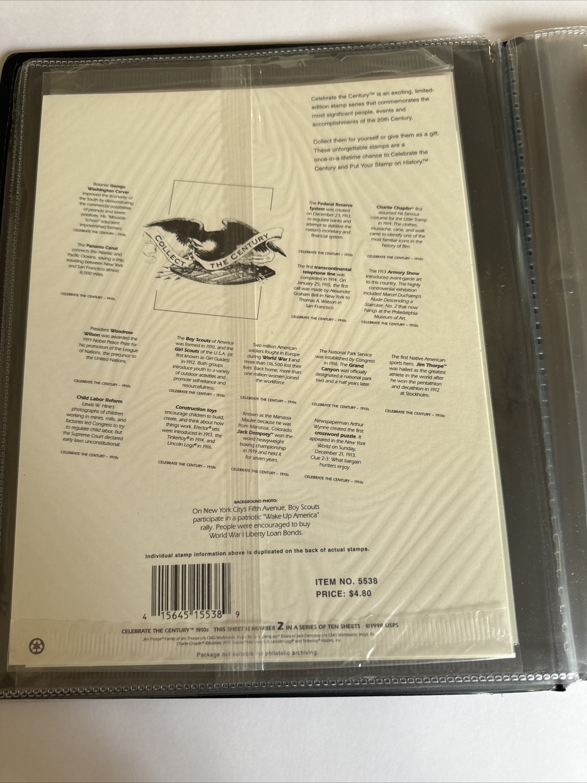 Celebrate the Century USPS Stamps 1900s-1990s In Binder USPS 10 Page Set