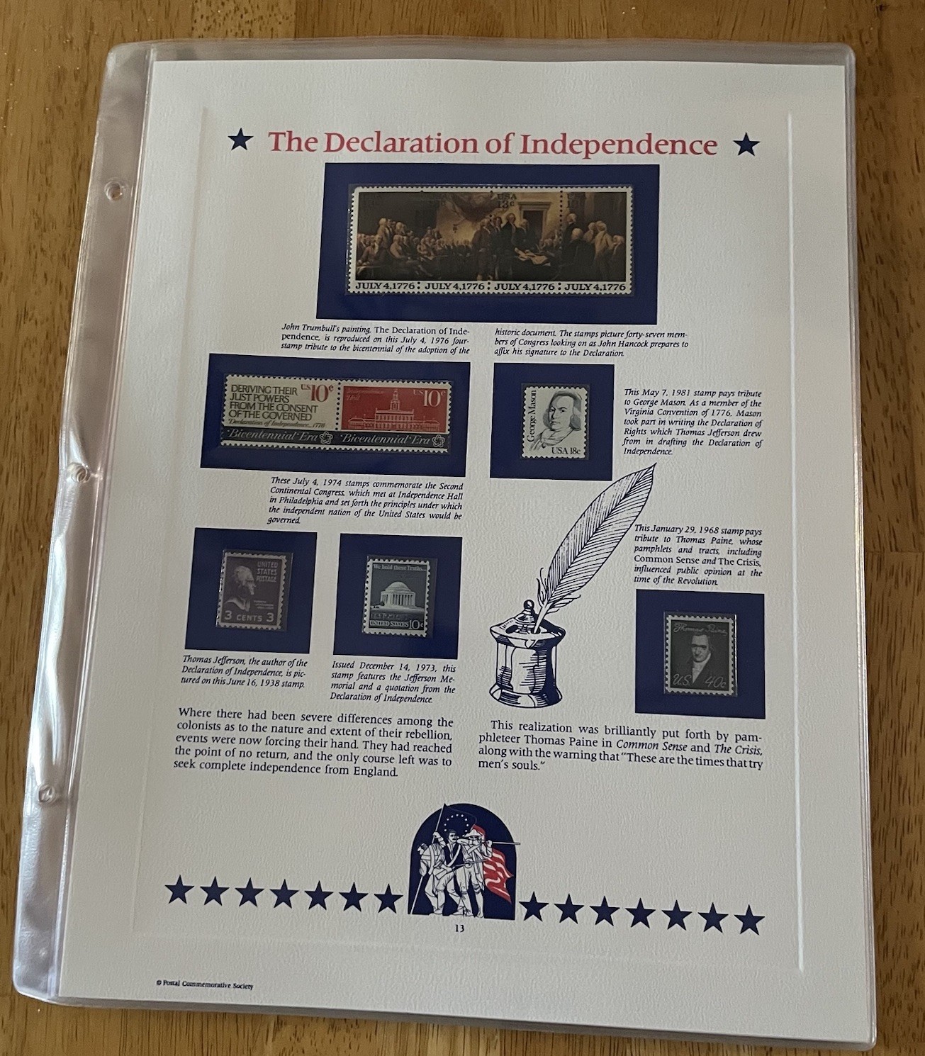 USA Stamp Series Panel The Declaration Of Independence Postal Comm Society 13