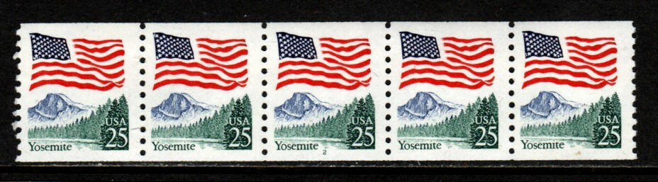 US Stamps – 25¢ Flag/Yosemite Park – Plate #2 Coil Strip of 5 MNH Stamps SC#2280