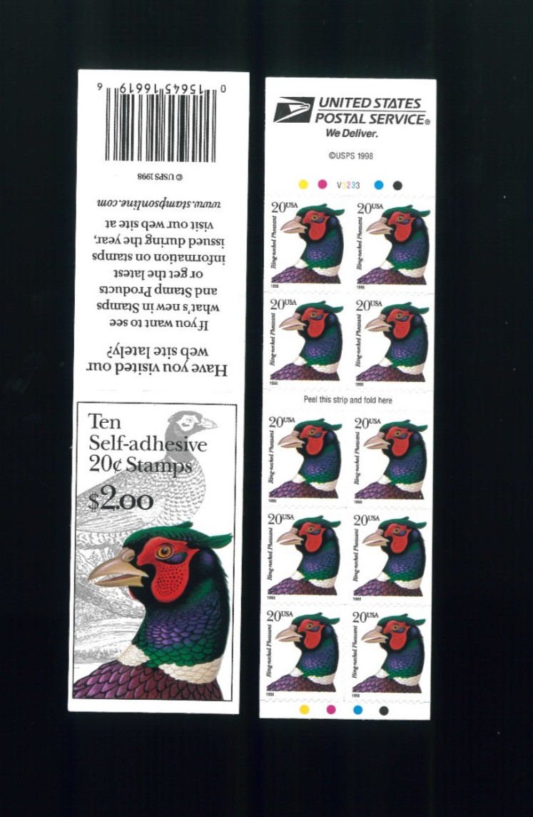 United States 20¢ Ring-Necked Pheasant Postage Stamp #3050b Full Booklet