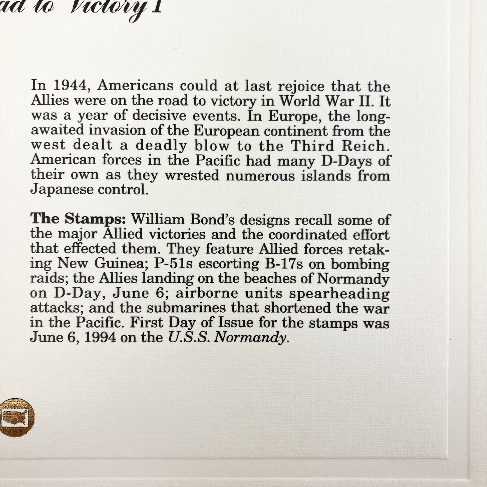 Donald Moss WWII Postage Stamp Art USPS D Day P38 Veteran Military Farmable Gift
