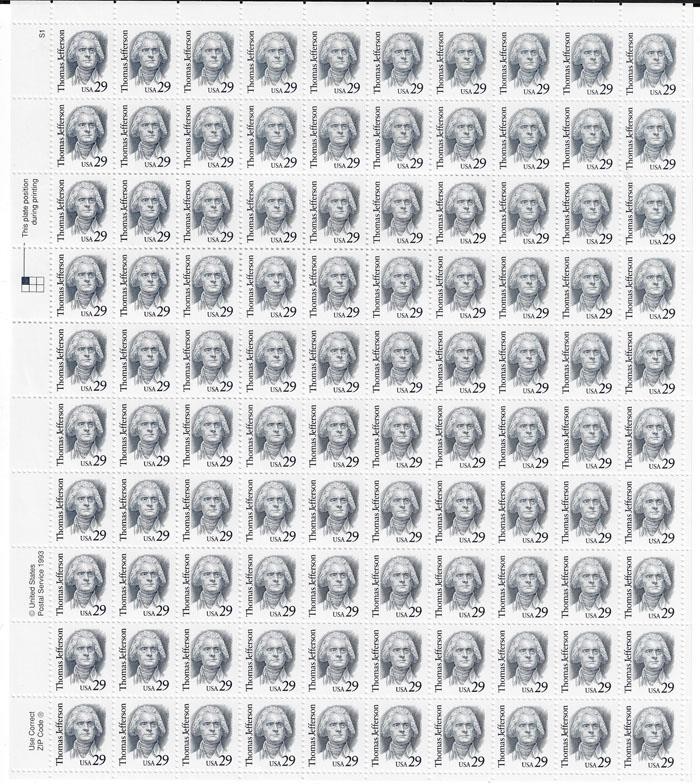 US SCOTT 2185 PANE OF 100 THOMAS JEFFERSON STAMPS 29 CENT FACE MNH