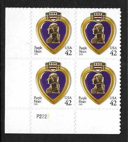 USA SC # 4264 Purple Heart , BLK4 Plate number . MNH