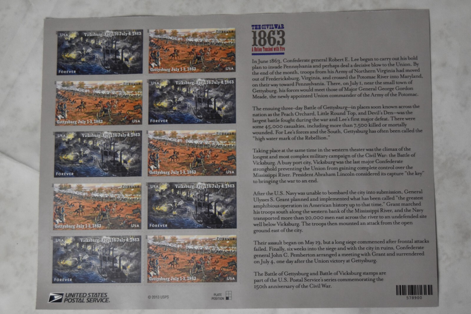 USPS Civil War Stamp Sheet 1863 Gettysburg, Vicksburg issued 2013 uncut