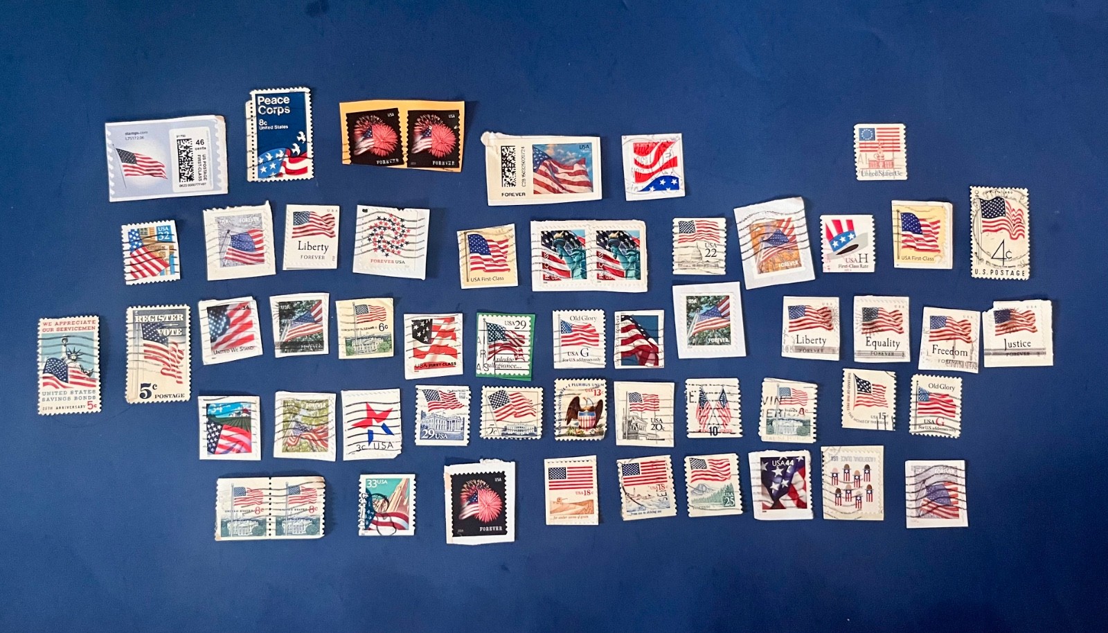 United States American flag postage stamps, mixed lot, set of 54, used, unused