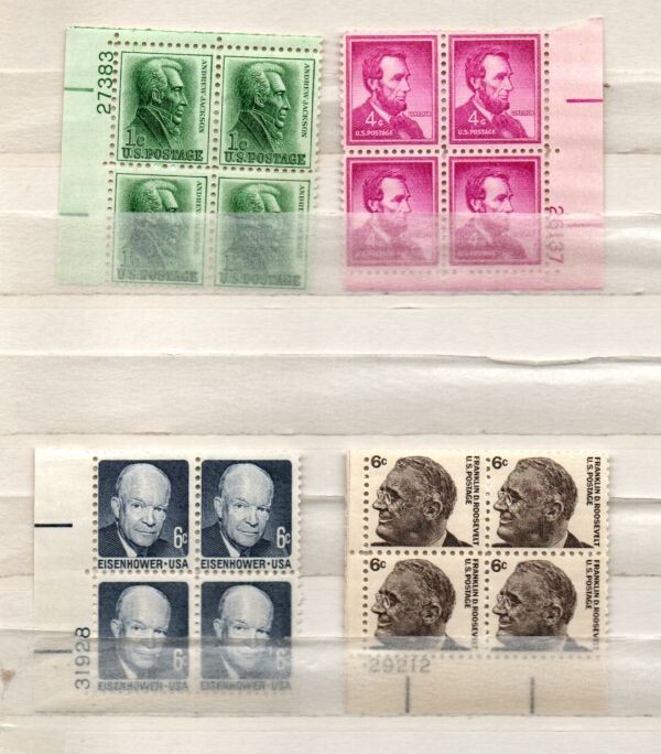 Presidents: 4 Mint (mnh) Blocks US Postage stamps (13-602)