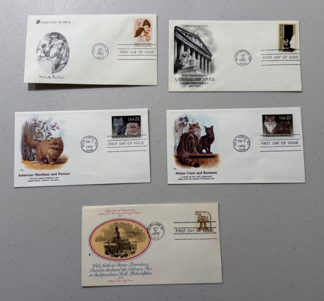 Liberty Bell, Helen Keller, National Archives and other First Day Cover Stamps