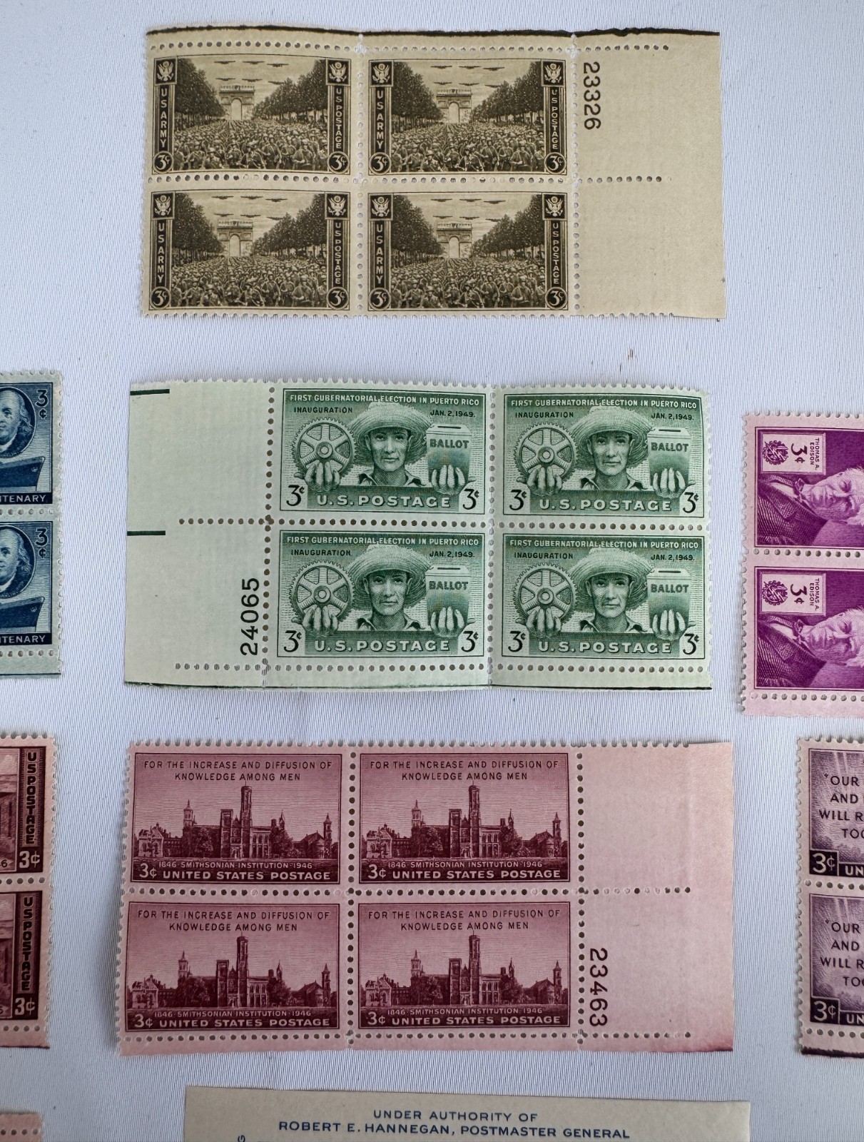 13 Mint US Plate Blocks and Souvenir Sheet 1945-1949 Post-WWII Americana