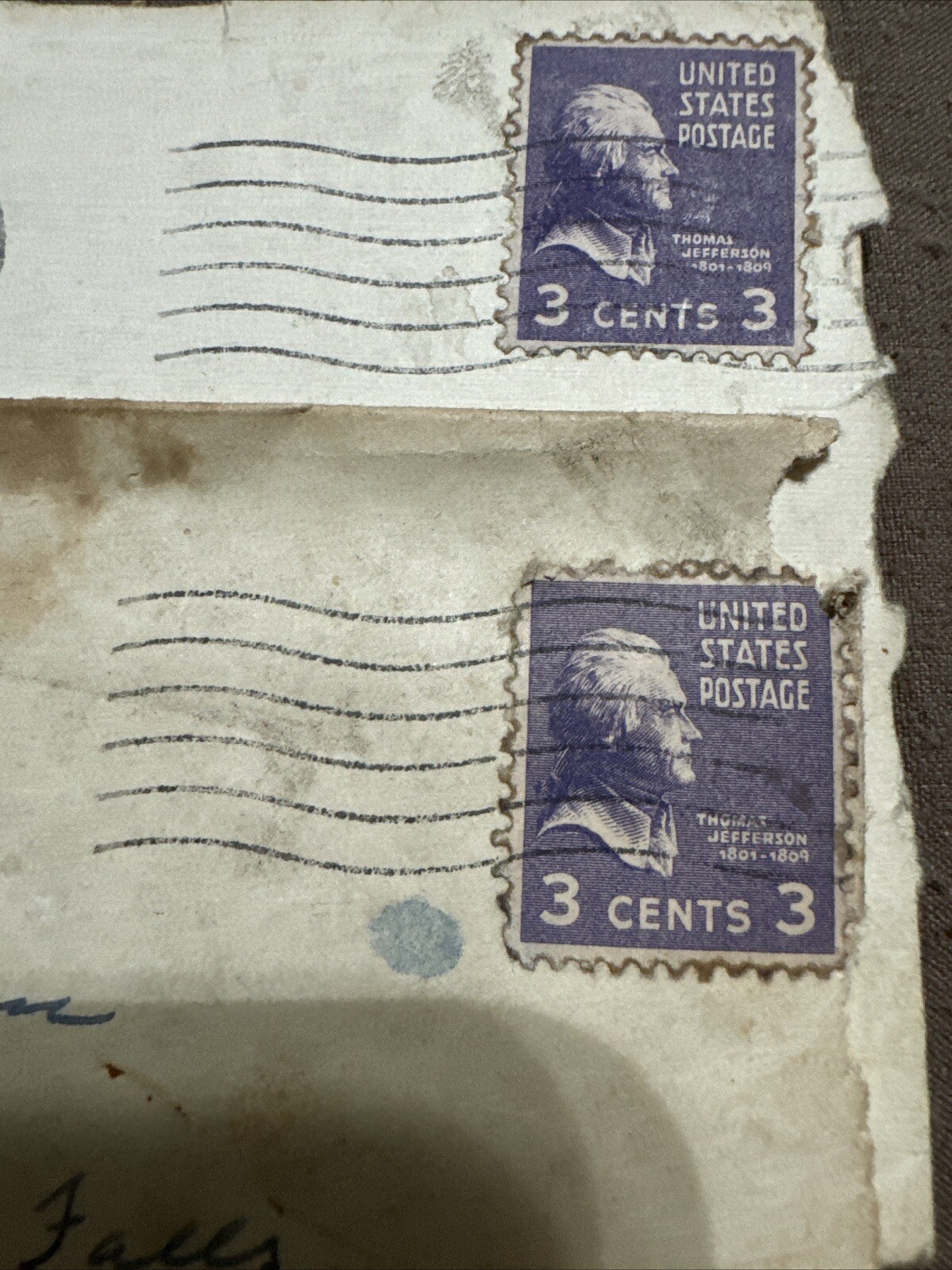 Vintage Rare 1932 Violet Thomas Jefferson 3 Cent US Postage TWO STAMPS ON LETTER