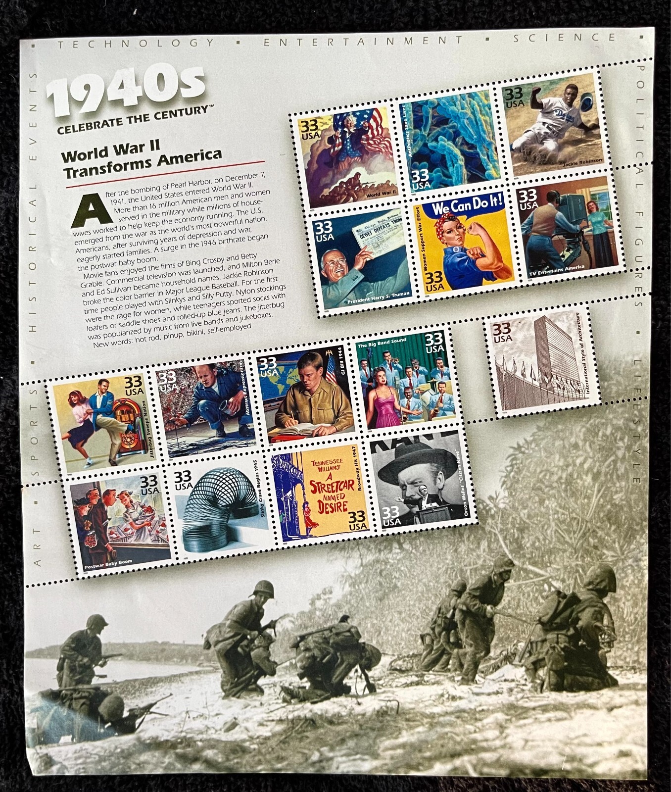 1940s CELEBRATE THE CENTURY USPS STAMP PAGE United States Postal Service WW 11