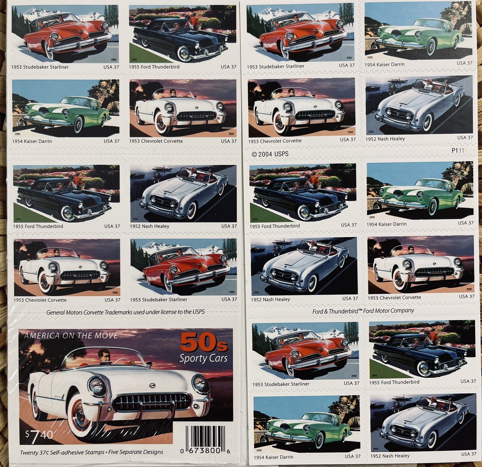 2005 US AMERICA ON THE MOVE 50’s SPORT CARS 2 PANES /BOOKLETS OF 20 STAMPS 37c