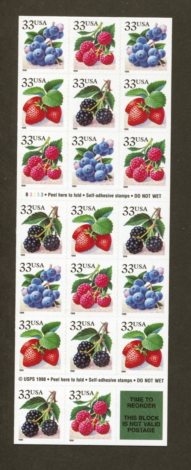 U.S. Scott# 3297b, 1999 Berries Issue, Booklet Pane of 20, 2022 SCV: $17.50