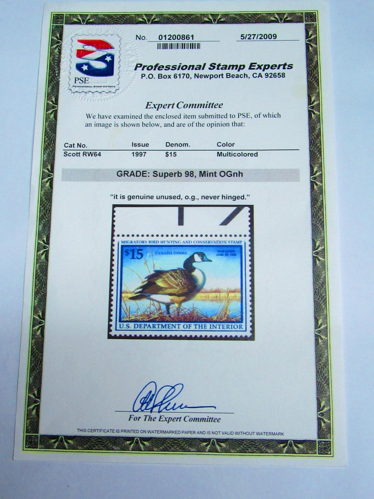 PSE Certified Stamp! 1997 U.S. DEPARTMENT OF INTERIOR $15 Stamps STP-115-IB
