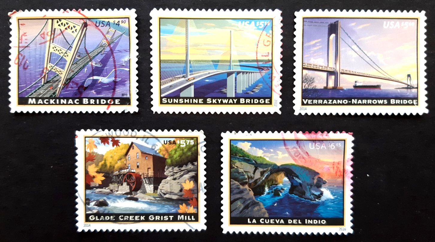🔥5 US PRIORITY MAIL High Value Stamps ~ AMERICAN LANDMARKS ~ Used, Off Paper XF