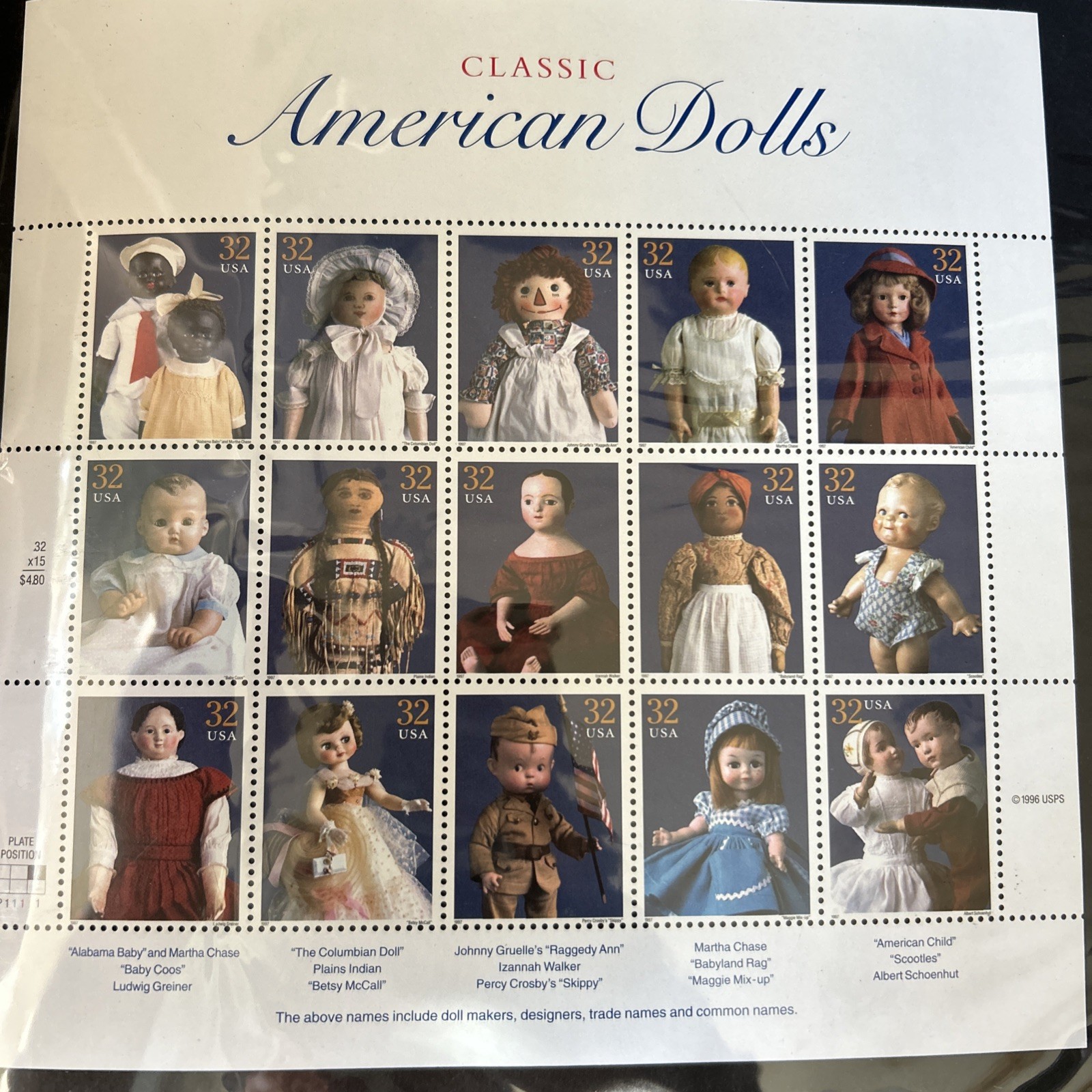 USPS CLASSIC AMERICAN DOLLS 32 CENTS STAMPS 1996 MULTI-COLOR NEW ORIGINAL PAC