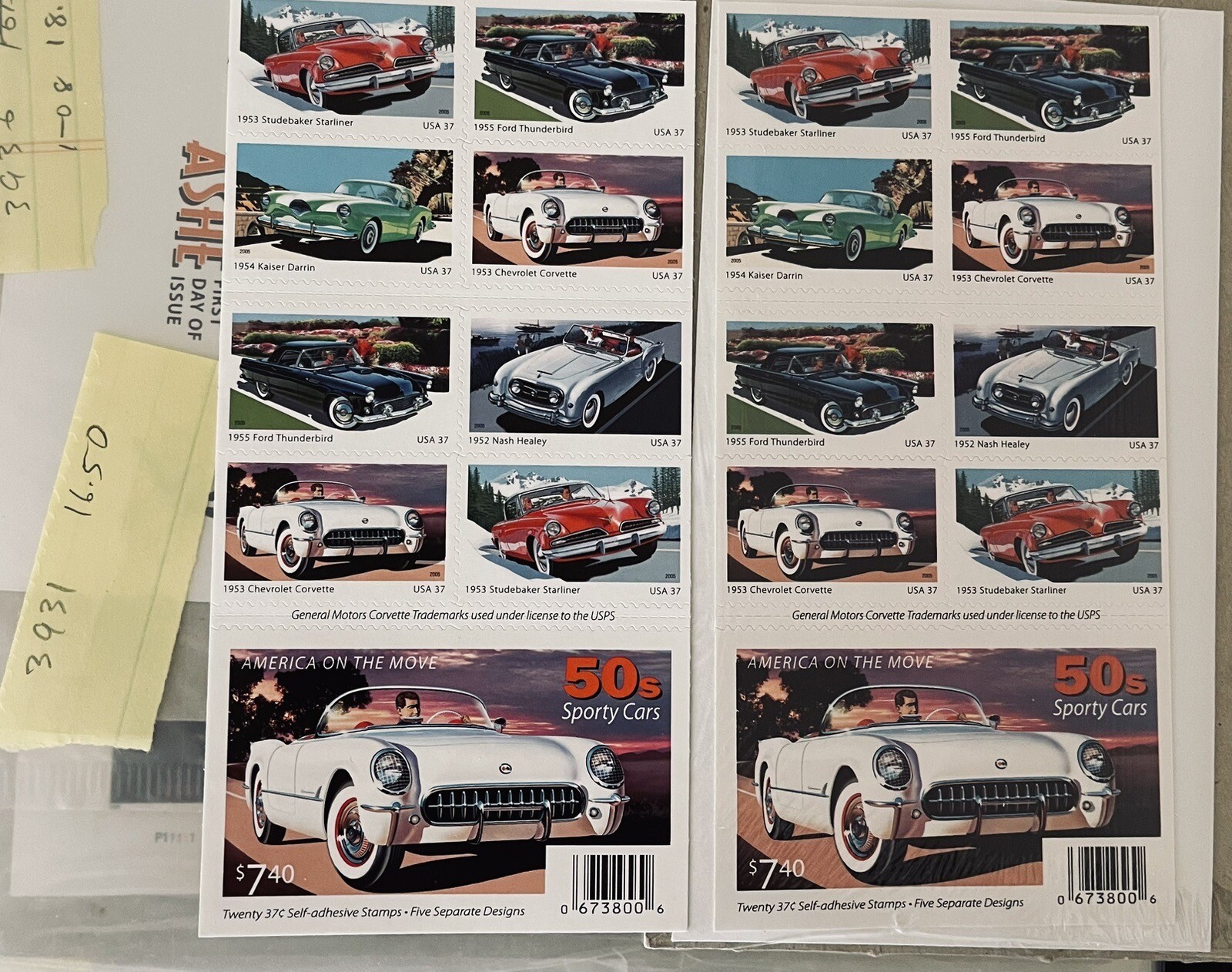 2005 US AMERICA ON THE MOVE 50’s SPORT CARS 2 PANES /BOOKLETS OF 20 STAMPS 37c