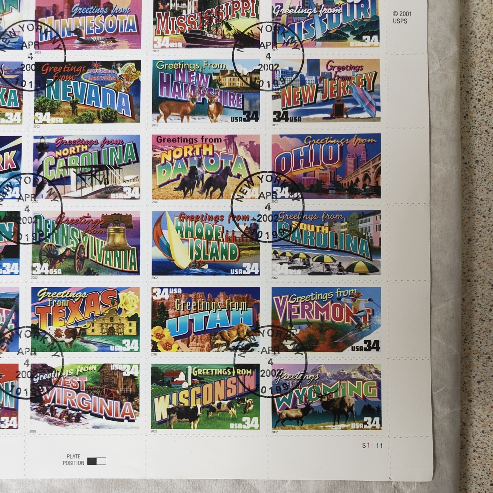 US Postage Stamps Greetings From America 34 Cent Sheet of 50