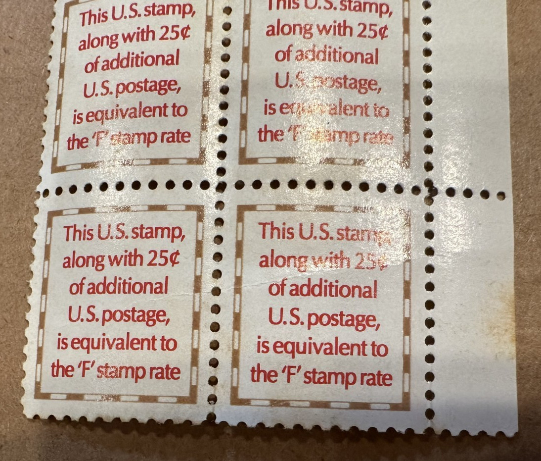 This U.S. STAMP Along With 25c Additional Postage Is Equivalent To F stamp 2 x 4