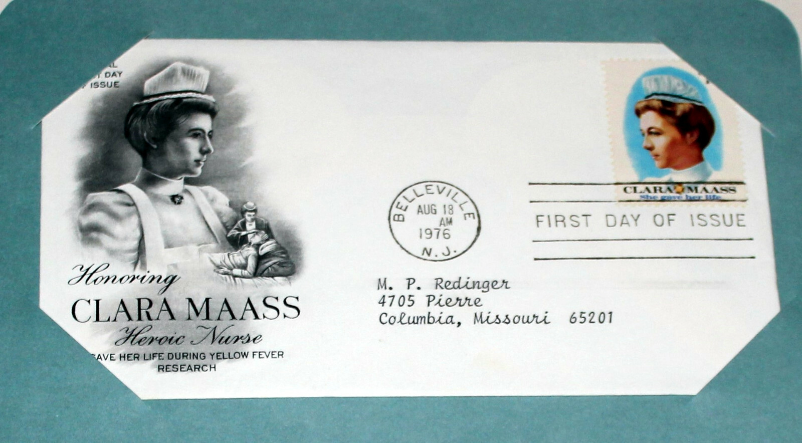 First Day of Issue Souvenir Page Nurse Clara Maass 1976 Stamp