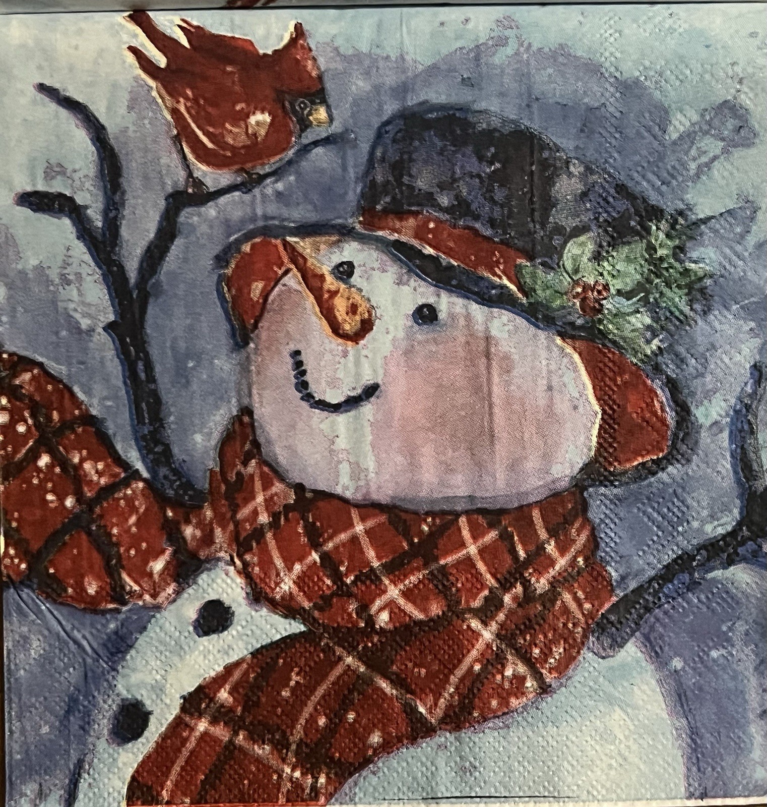 Three Paper Lunch Napkins Christmas Watercolor snowman – W/ Red Bird-4 Designs