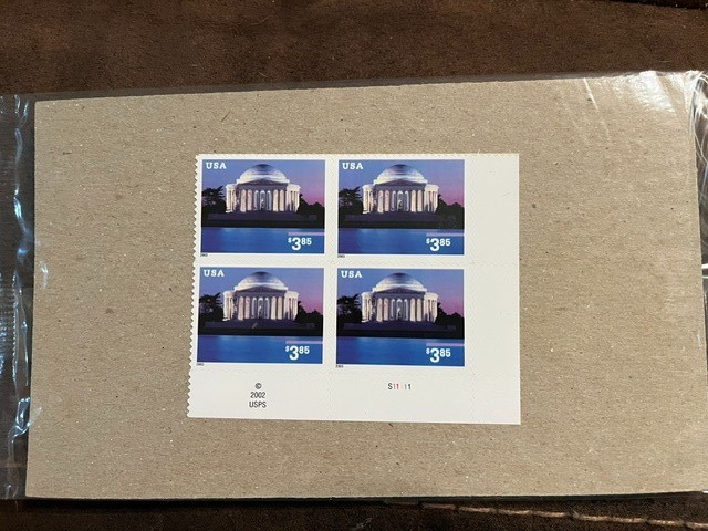 Scott #3647. $3.85 Jefferson Memorial plate block of 4. Sealed. MNH.