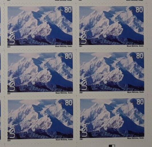 One Full Sheet x 20 of 80¢ Mount MT McKINLEY (Denali) US Stamps. USA Sc # C137
