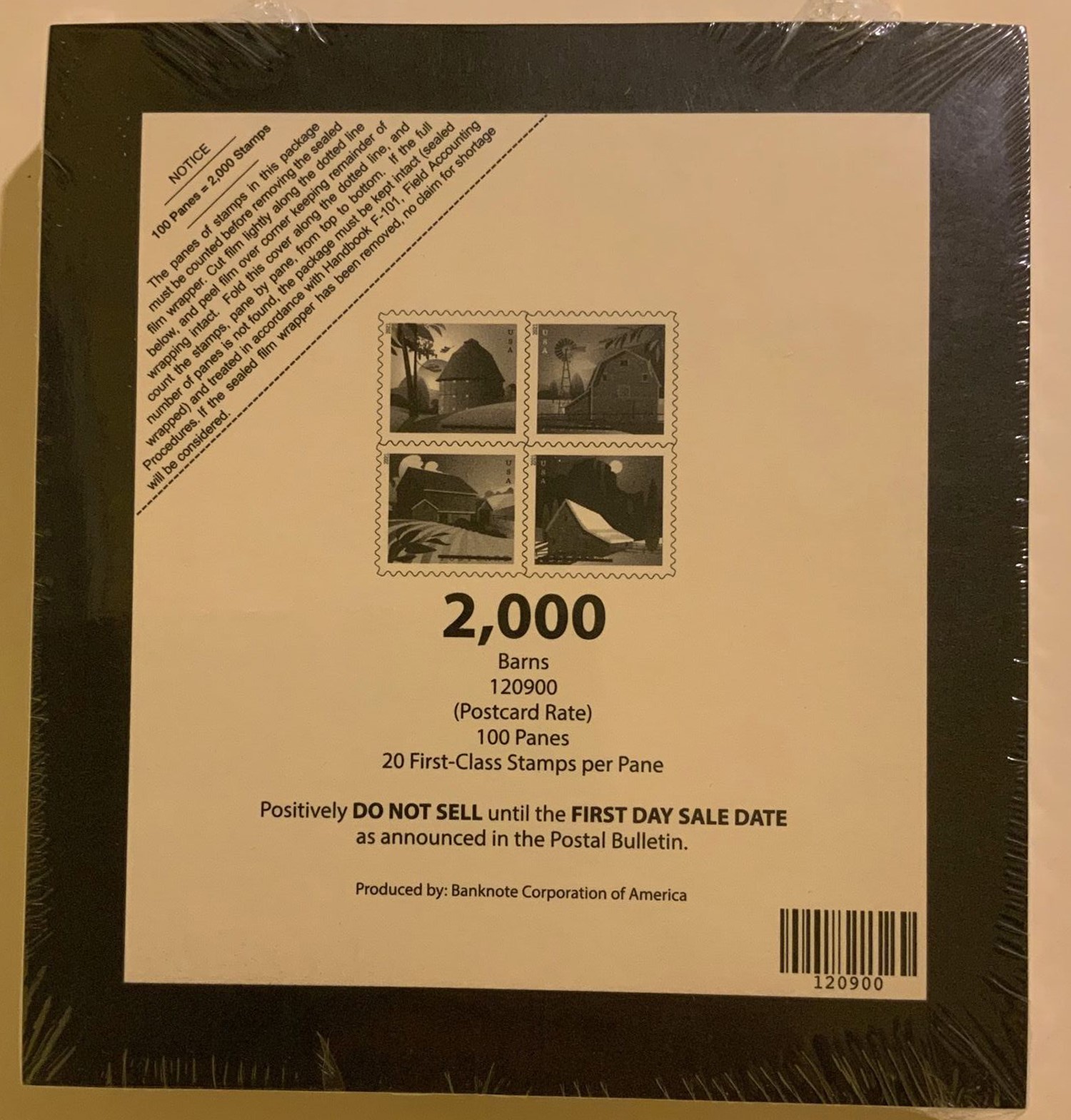 Barns Full Sealed Pad of Postcard Stamps 100 Sheets (2000 Stamps) Scott 5546-9