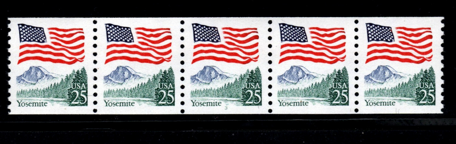 US Stamps – 25¢ Flag/Yosemite Park – Plate #3 Coil Strip of 5 MNH stamp SC#2280
