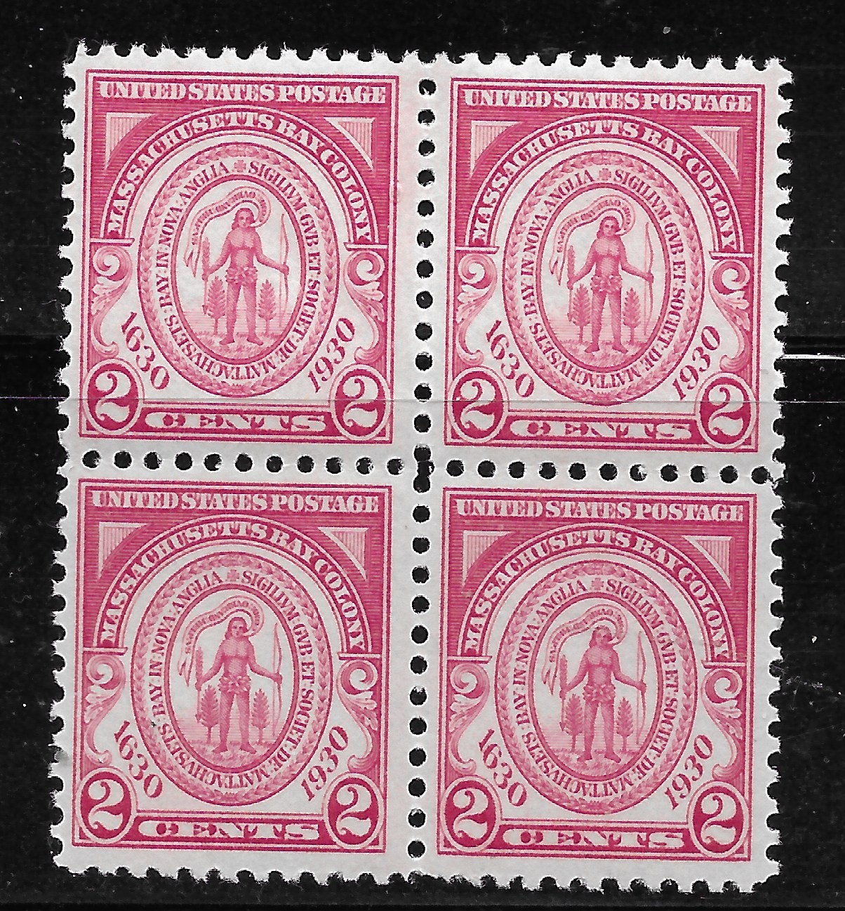 U S Postage Stamps – 2c 1930 Mass Bay Colony Issue Block of 4 – VF MH
