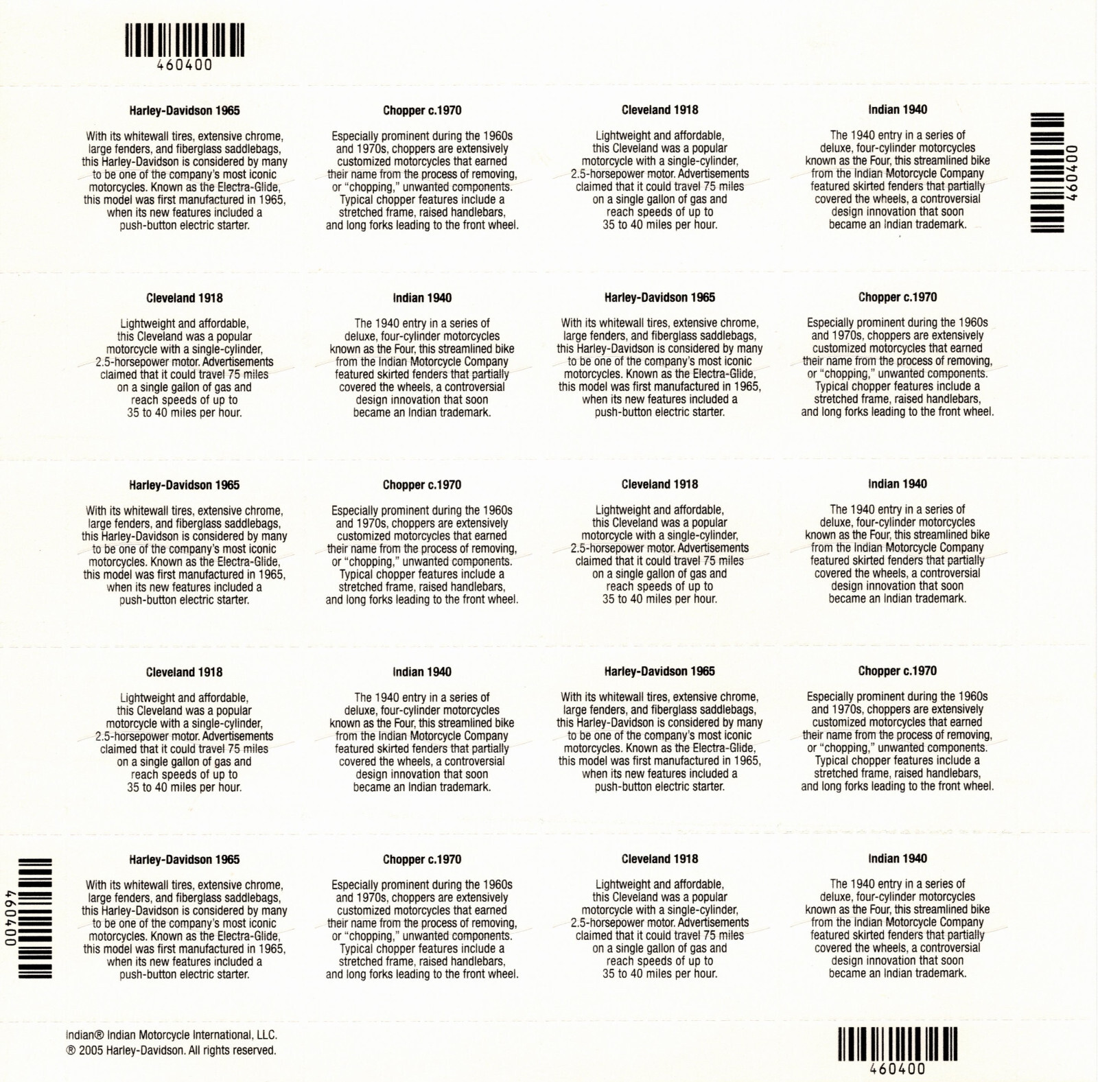 USA 2006 AMERICAN MOTORCYCLES 20 STAMP SHEET 39 CENT SCOTT 4085-4088 MNH
