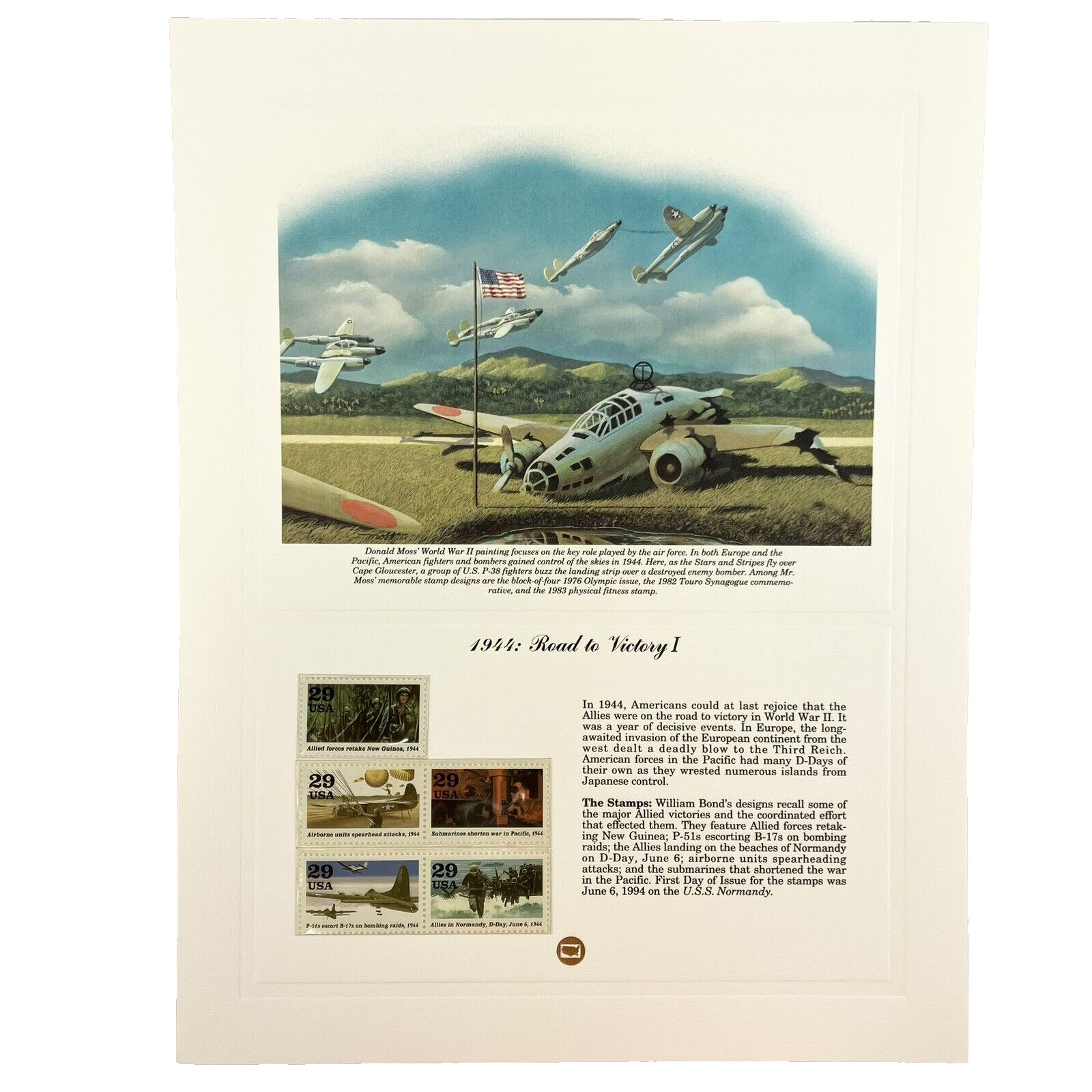 Donald Moss WWII Postage Stamp Art USPS D Day P38 Veteran Military Farmable Gift