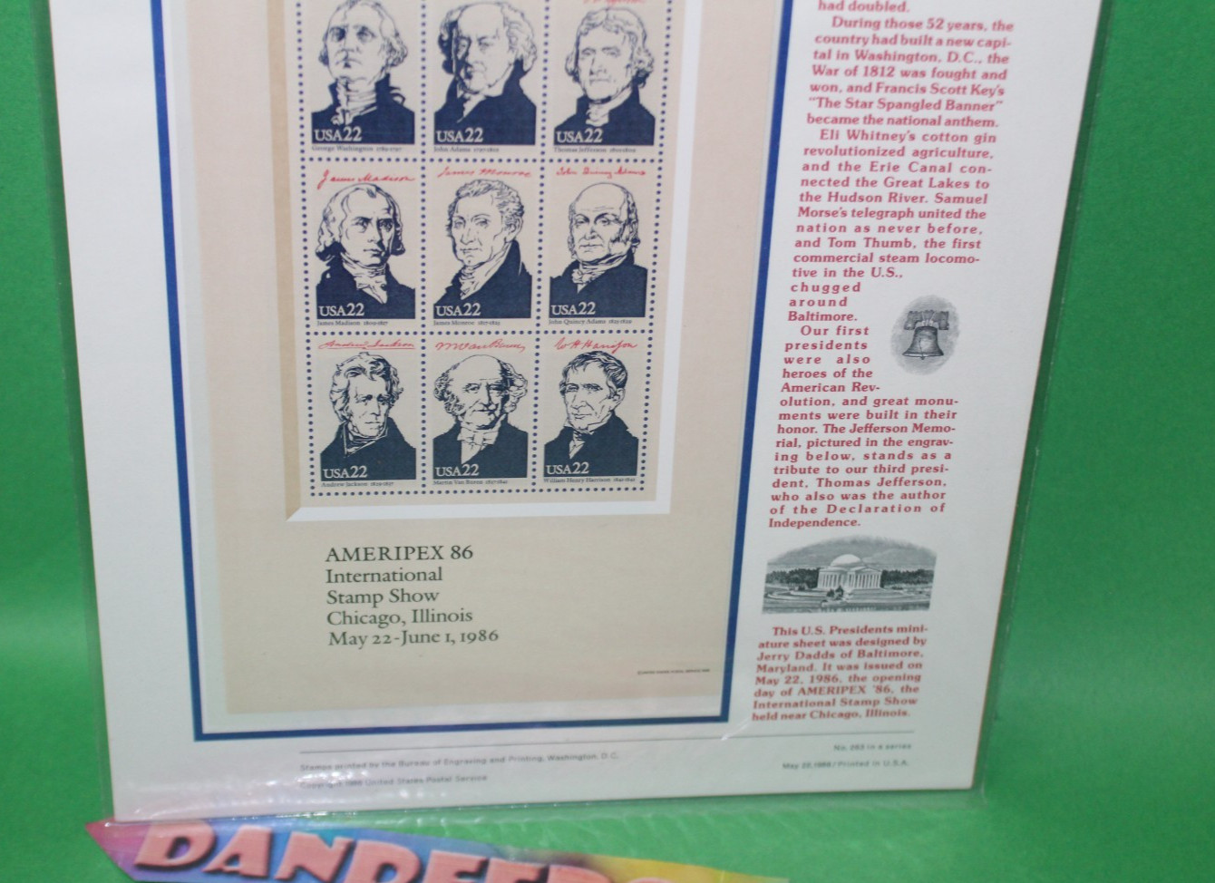 American Commemoratives Presidents US I USPS Stamps Show Panel 263 May 22 1986