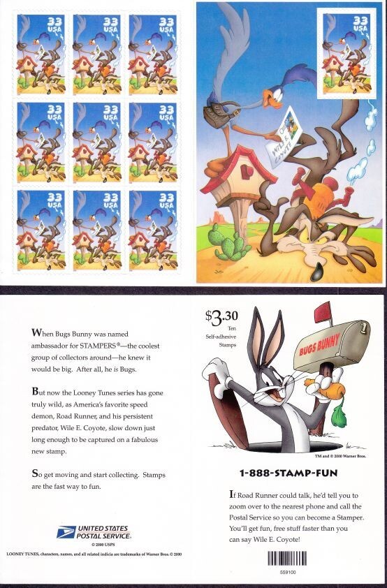 Roadrunner Coyote 2000 booklet MINT NH 33 cent Postage stamp WB #3391