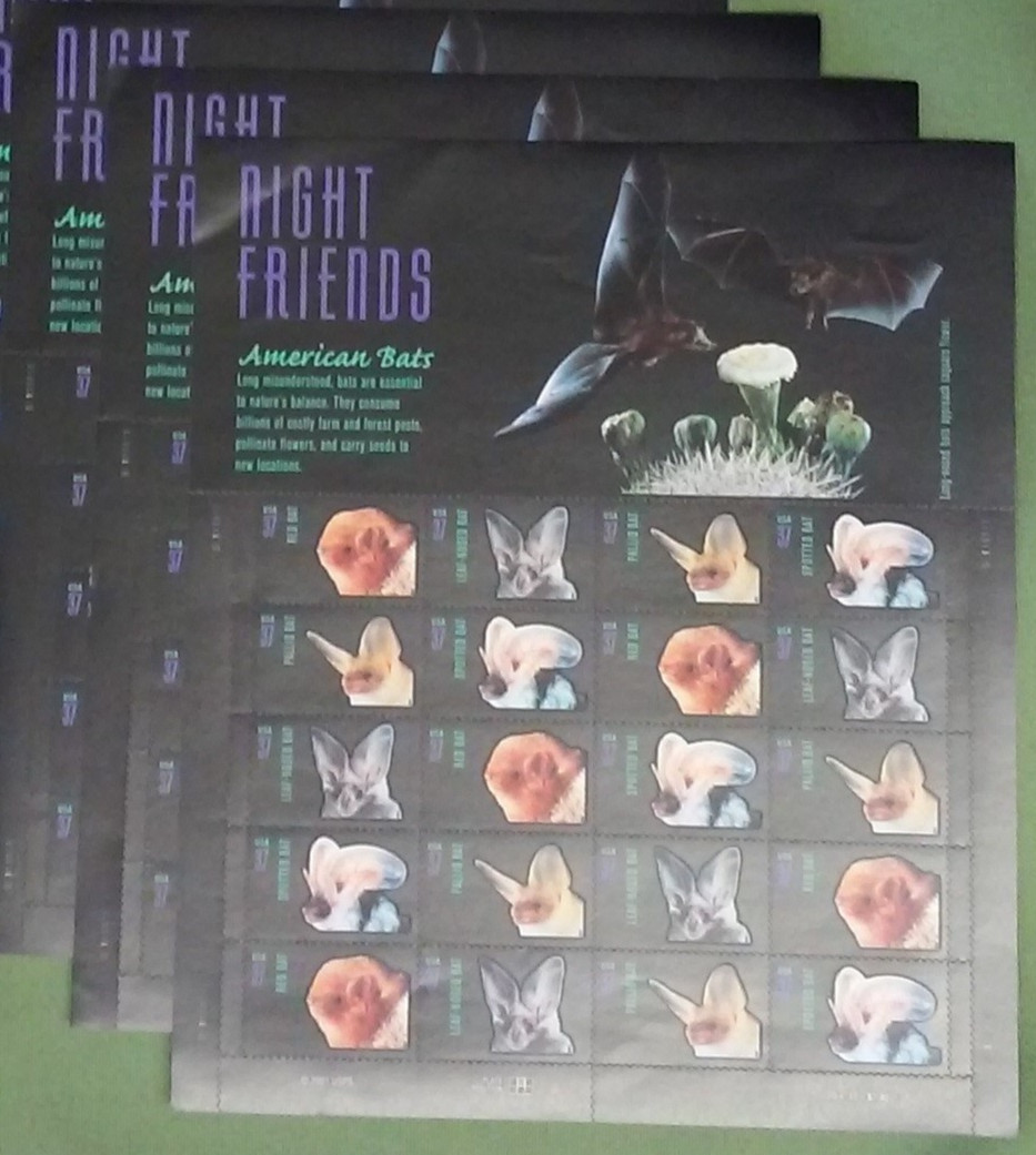 Three Sheets = 60 of NIGHT FRIENDS American Bats 37¢ US Postage Stamps 3661-3664