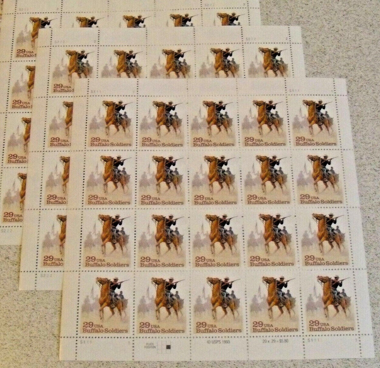 Three Sheets = 60 of BUFFALO SOLDIERS 29¢ US 1994 Postage Stamps. USA Sc # 2818