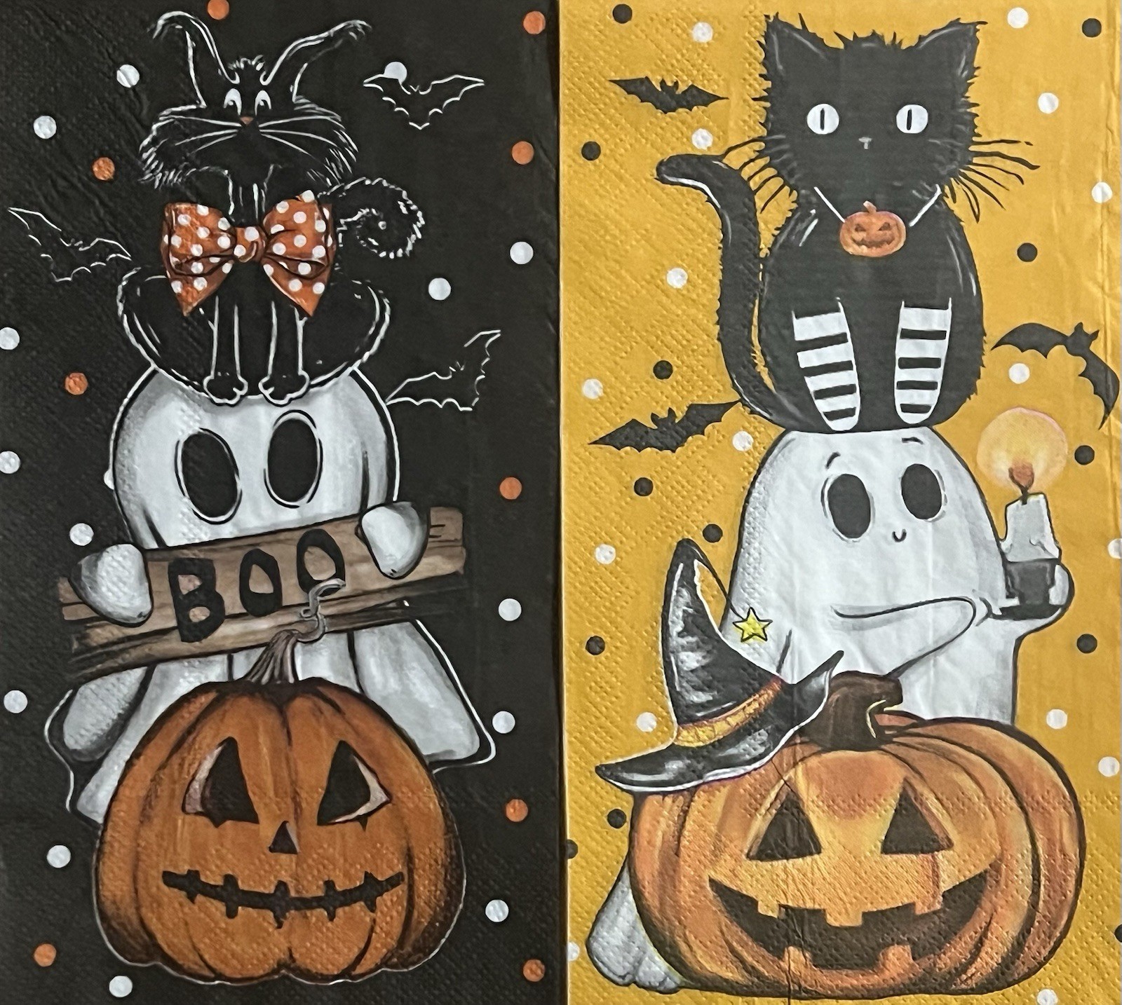Two Individual dinner Decoupage Napkins/Halloween/Black Cat/pumpkins/orange
