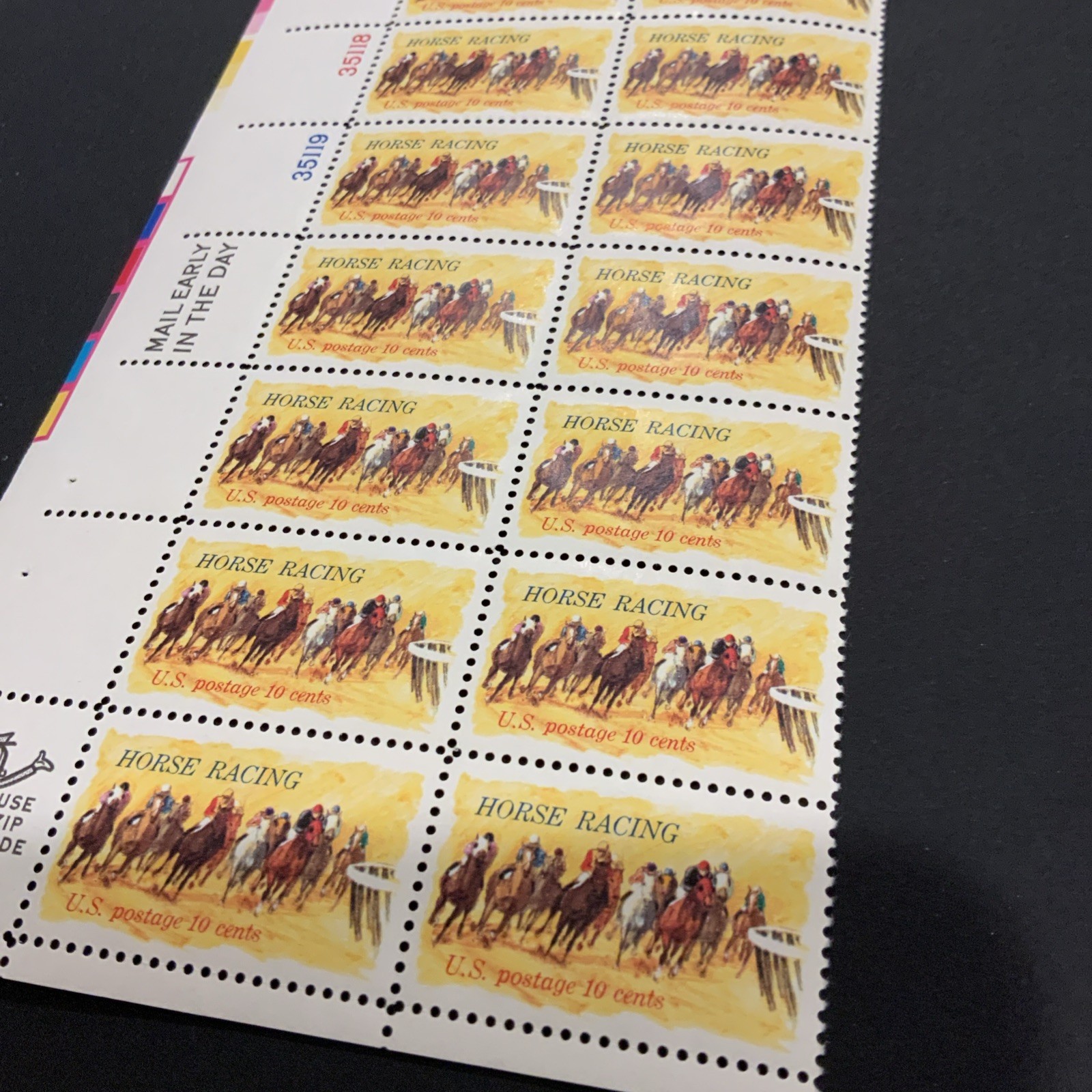 1974 US Scott #1528, 10c Horse Racing Postage Stamps, MNH Block of 20