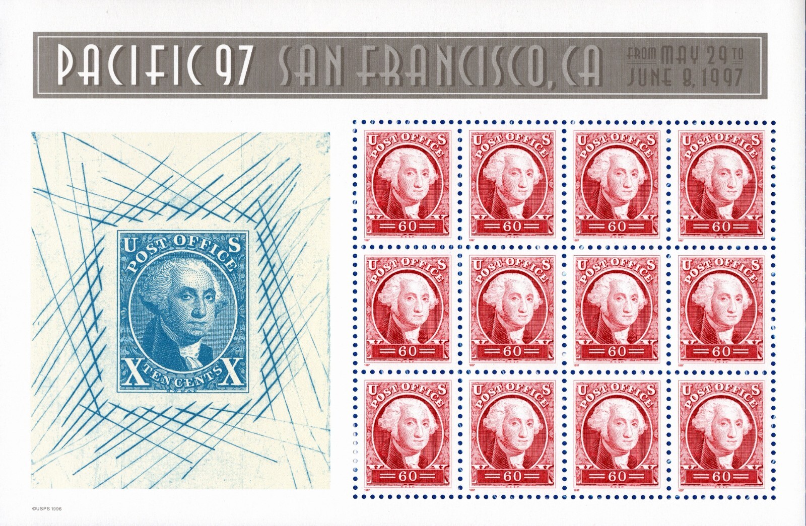 USA 1997 WASHINGTON PACIFIC ’97SAN FRANCISCO SOUVENIR SHEET 12 STAMP 60 CENT MNH
