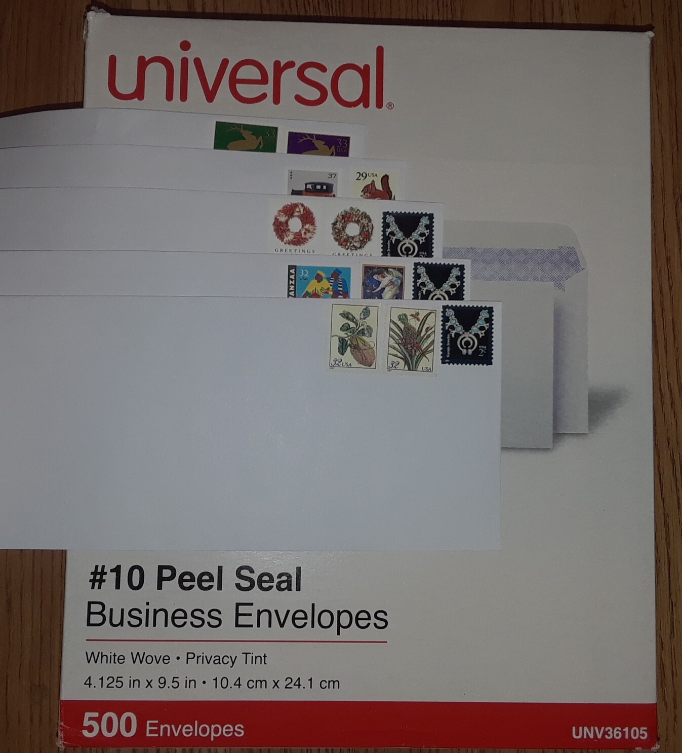 100 #10 Pull & Seal Security White Wove 24lb Envelopes COMBO 73¢ Christmas stamp